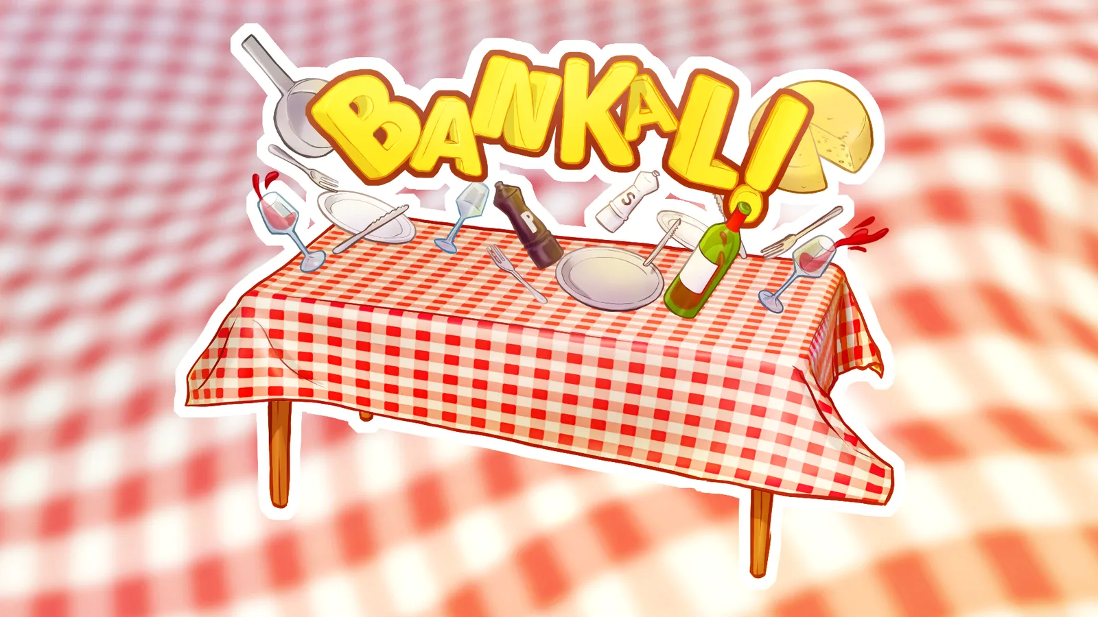 Bankal! : l’écran titre, une table dressée sur une nappe à carreaux