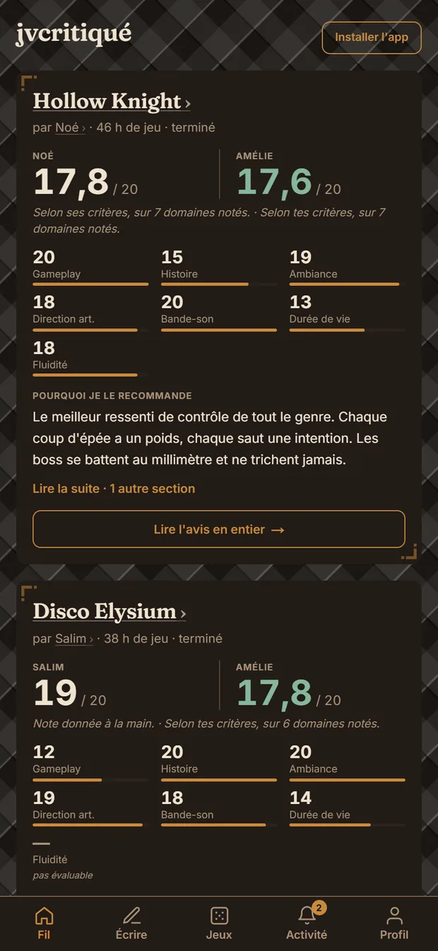 jvcritiqué : fil d’avis de jeux, avec une note par domaine