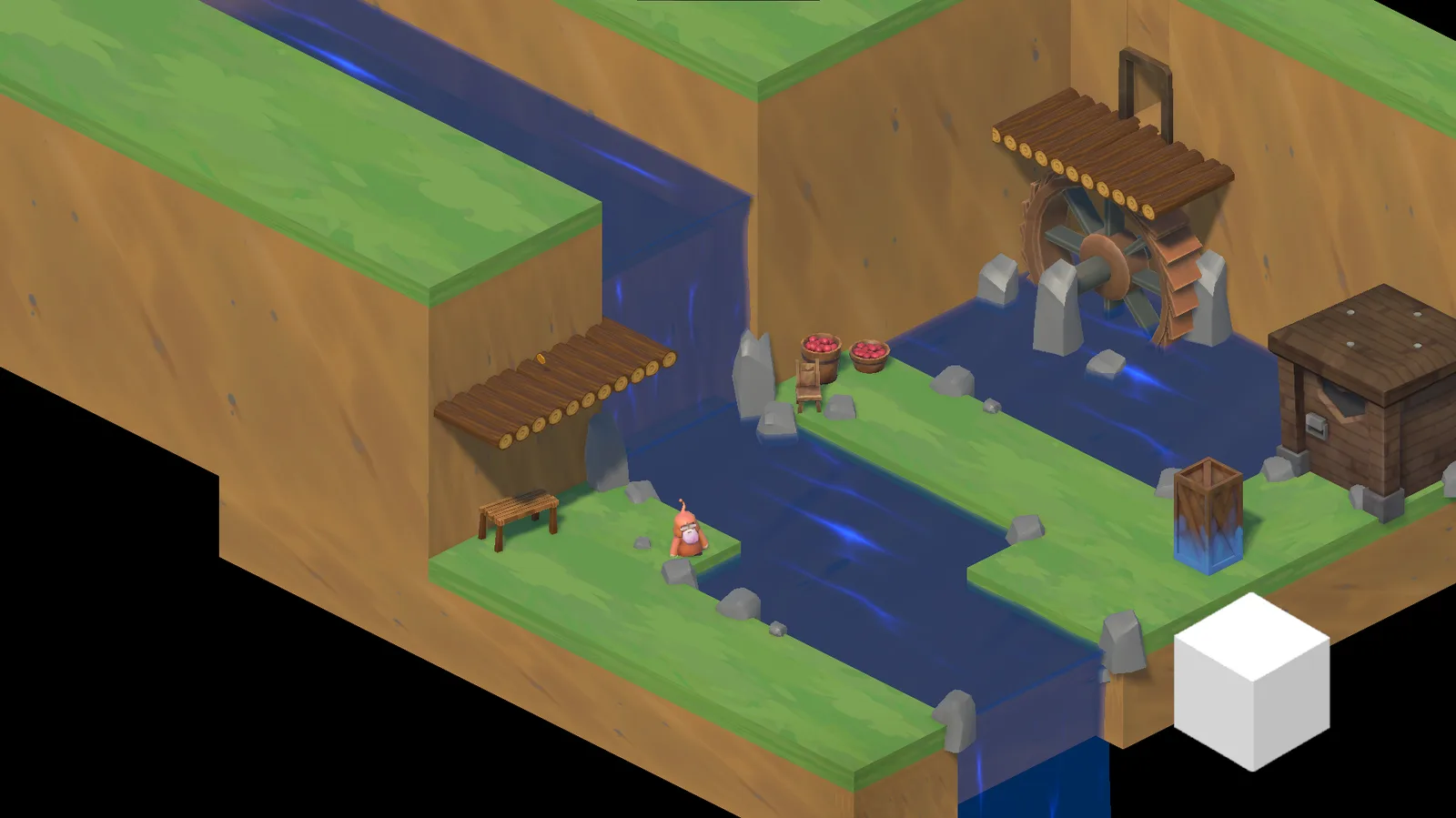 Taille and Retry : un niveau en diorama isométrique, une rivière et un moulin
